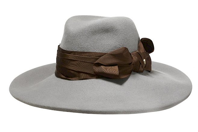 Broad brimmed fedora hat grey with brown ribbon
