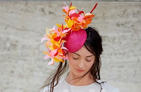 Fascinator hat pink feathers wedding races Ascot