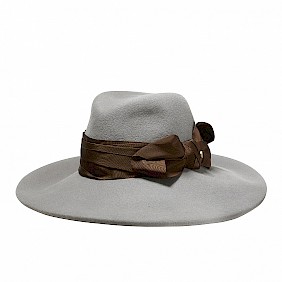 Broad brimmed fedora hat grey with brown ribbon